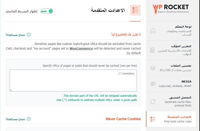 الإعدادات المتقدمة في wp rocket